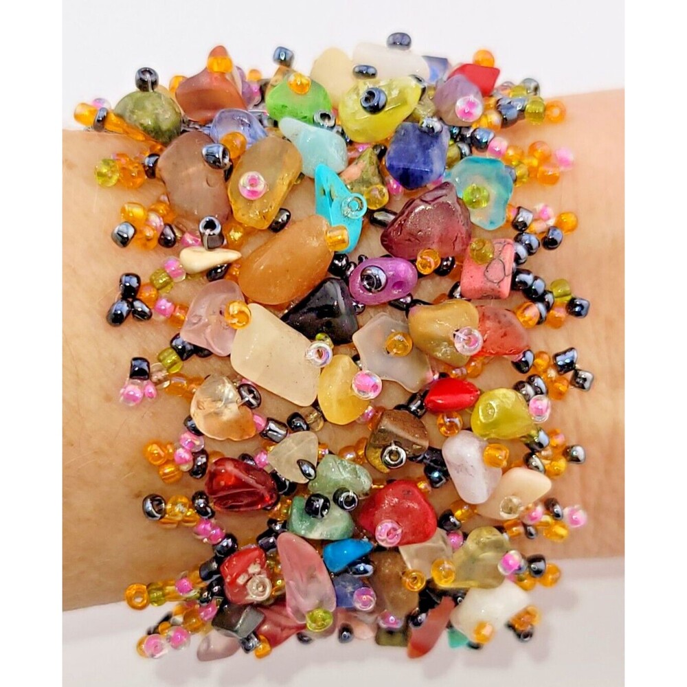 Chunky Turquoise Amethyst Agate Rose Quartz Gemstone Glass Seed Bead Bracelet